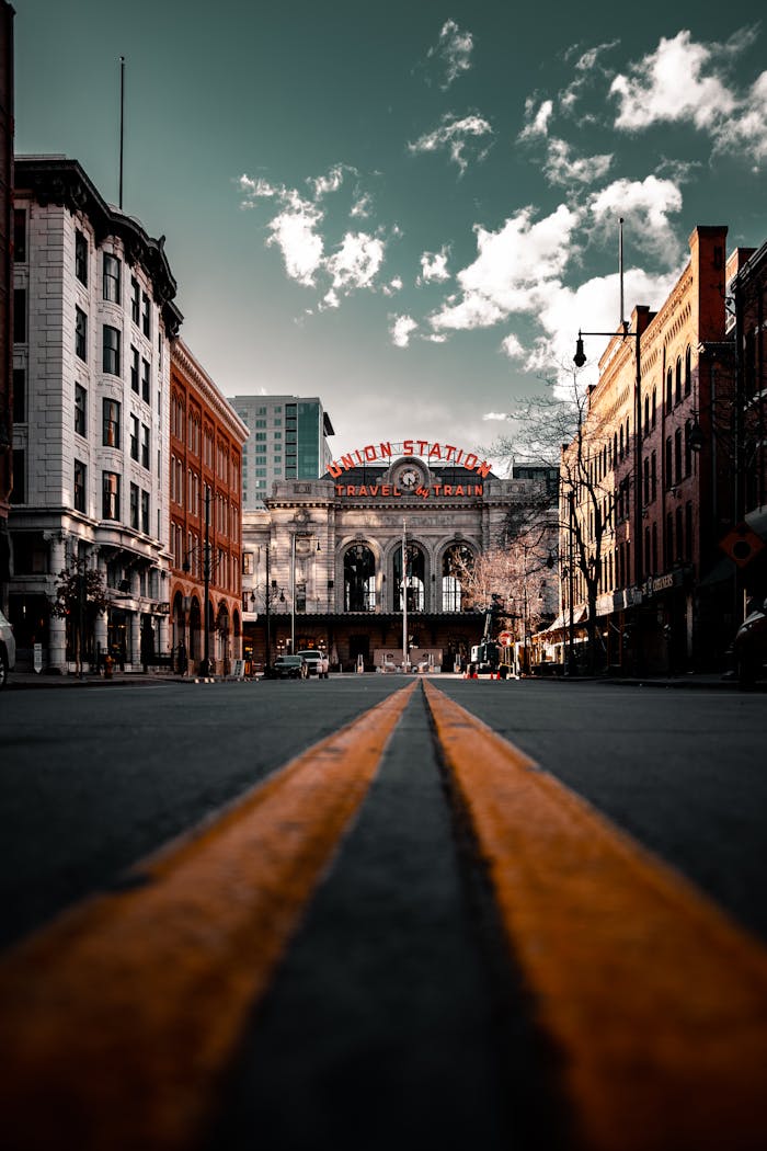 Low-Angle Shot of Leading Lines Across the Denver Union Station